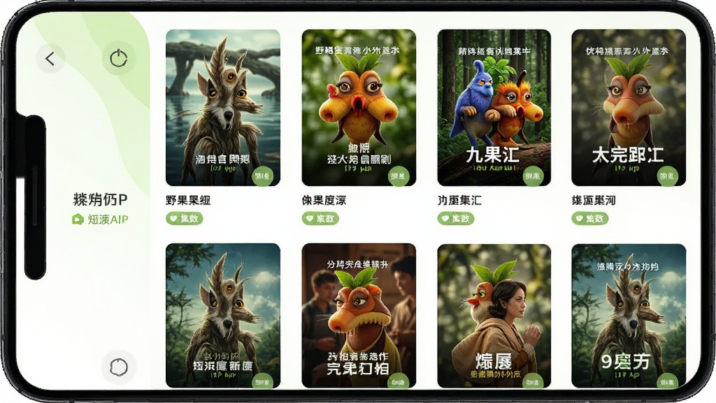 一部智能手机竖屏展示野果APP的短剧列表页面,页面中排列着多部短剧的海报缩略图,每张海报下方有剧名和集数标签,界面配色以白色和浅绿色为主,布局整齐,风格清爽,画质清晰,无多余元素