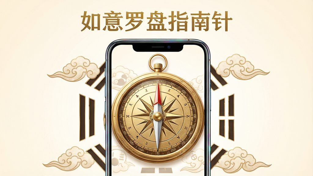 画面中央放置一部智能手机,手机屏幕上显示着精致的金色传统罗盘图案,罗盘刻度清晰,中间指针指向正南方。手机周围环绕着淡雅的中国风元素,如祥云纹样和八卦符号。背景为柔和的米白色渐变,整体布局居中对称。风格为现代科技与中国传统文化结合,细节上罗盘纹理细腻,手机边框有轻微反光。画质高清,画面干净,无多余元素,图片上方用金色字体写着“如意罗盘指南针”。