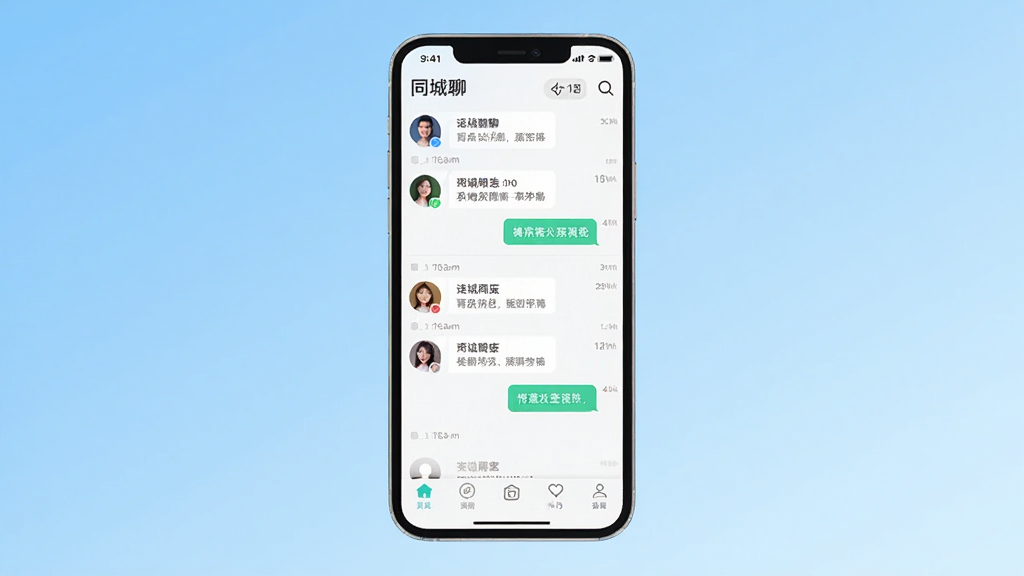 本地同城聊软件主界面预览图,画面中央展示手机屏幕,屏幕内呈现同城聊聊天列表与附近的人功能界面,背景为浅蓝色渐变,布局简洁清晰,风格现代扁平化,细节包含头像、消息气泡、底部导航栏,画质高清干净无多余元素