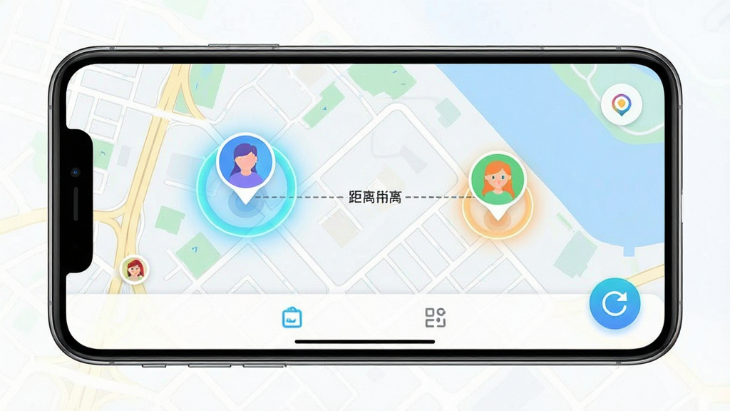 免费手机定位找人实时定位共享功能展示,主体为手机屏幕中的地图界面,两个彩色头像标记分别显示不同位置,布局为全屏地图加底部功能栏,排版上下结构,风格为清新科技感,细节包含定位光圈、距离连线、刷新按钮,画质高清,画面干净,无多余元素