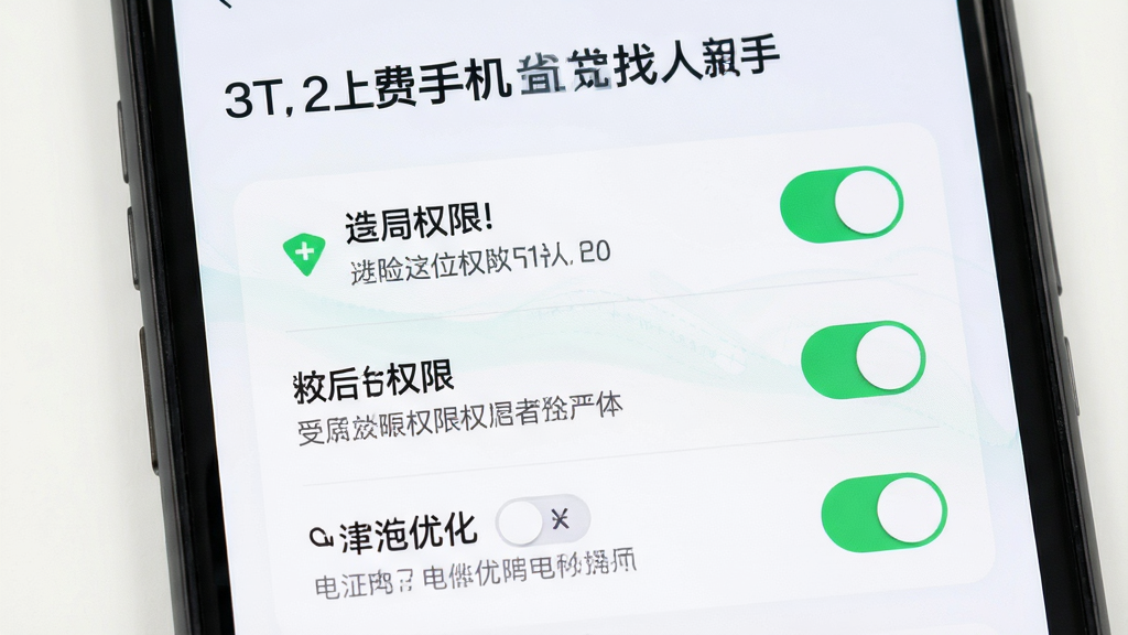 免费手机定位找人新手设置引导页面,主体为手机屏幕中的权限设置列表,布局为纵向排列,排版上方标题下方多个开关项,风格为清爽浅色系,细节包含定位权限、后台权限、电池优化开关与说明文字,画质高清,画面干净,无多余元素