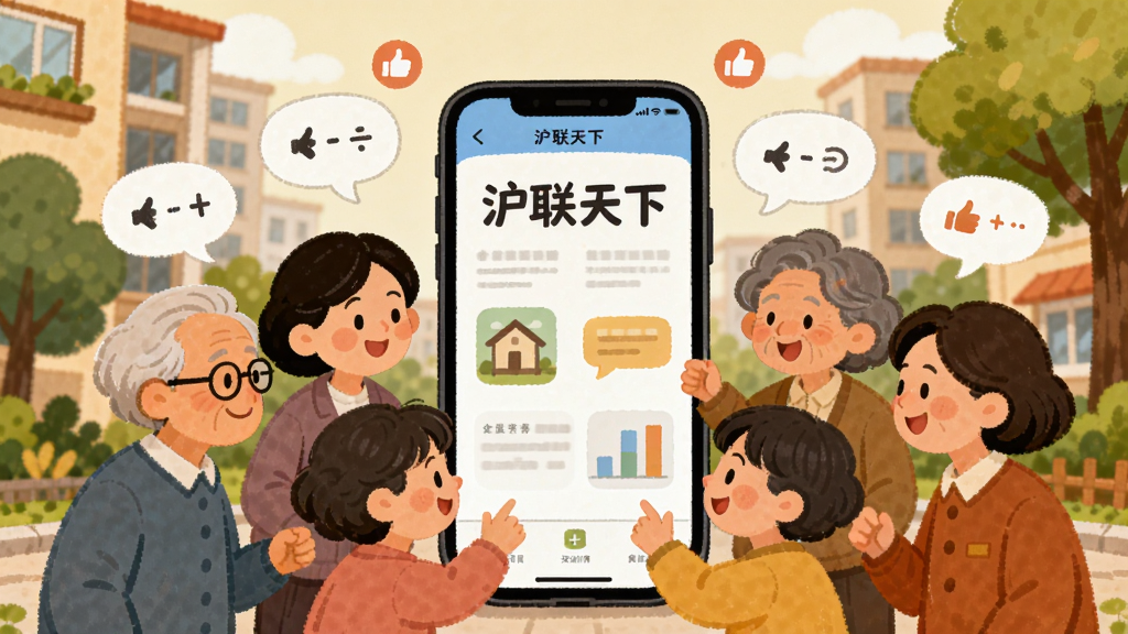 一幅表现社区邻里互动的插画,画面中多个不同年龄段的卡通人物围绕一部显示“沪联天下”社区界面的手机进行交流,人物上方有对话气泡和点赞图标,背景为小区楼房和绿树。风格为温暖手绘风,色彩明快,细节丰富,画质干净,无多余元素,适合软件特色介绍配图。
