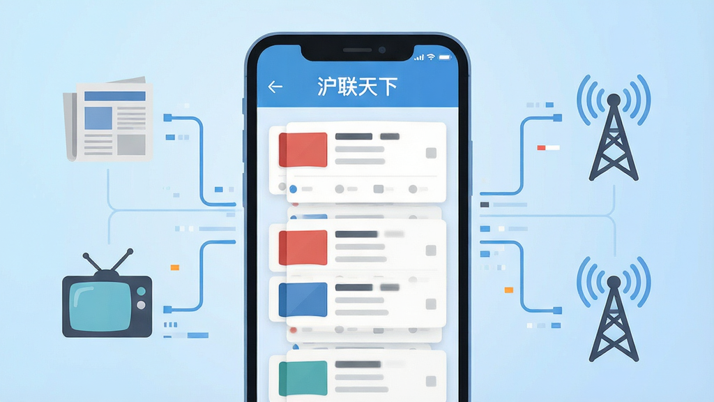 一幅展示信息聚合概念的扁平化插画,画面中心是一部手机,屏幕内显示“沪联天下”资讯列表界面,多条新闻卡片以瀑布流形式排列。手机两侧有数据流线条连接着报纸、电视、广播塔等媒体图标,背景为浅蓝色渐变,风格简洁现代,细节清晰,画质干净,无多余元素,适合软件功能介绍配图。