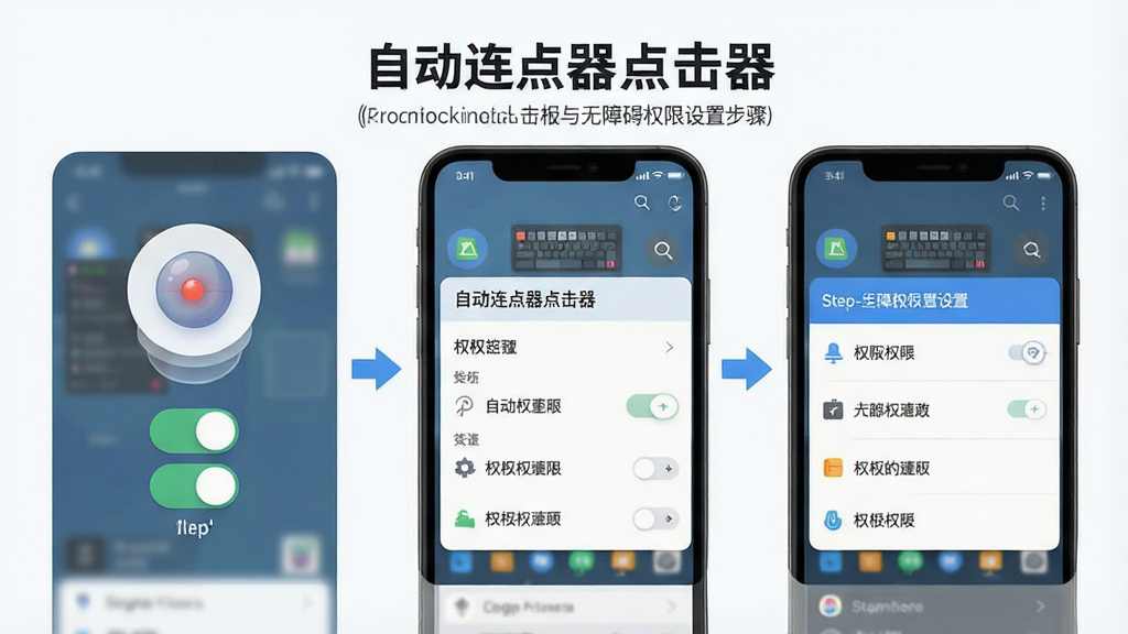 一张展示“自动连点器点击器”悬浮控制面板与无障碍权限设置步骤的说明图,主体为手机屏幕特写,布局采用三步流程图排版,风格为清新扁平化,细节包括悬浮球图标、开关按钮、权限列表条目与箭头指引,画质为高清、干净、无多余元素