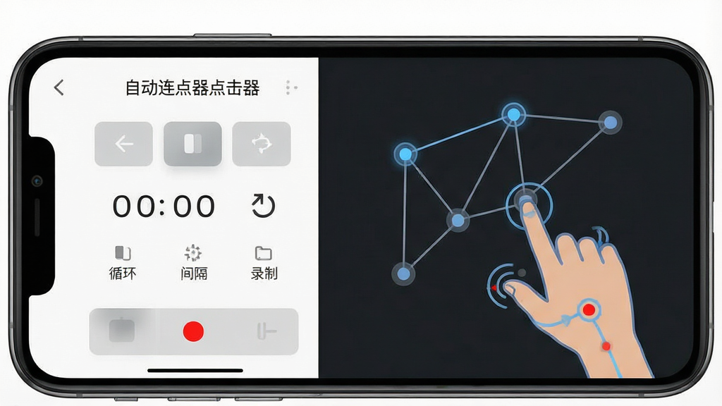 一张以“自动连点器点击器”为主题的手机界面示意图,主体为手机屏幕内显示多点位连线与手势轨迹,布局采用左右分栏,左侧为设置面板、右侧为点击预览区,排版清晰规整,风格为简约UI风,细节包括半透明控制按钮、时间间隔数字、循环箭头图标与录制红点,画质为高清、干净、无多余元素