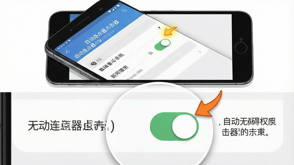 一张展示“自动连点器点击器”在手机设置中开启无障碍权限的步骤截图风格插画,主体为手机屏幕与设置菜单,布局采用上下结构,上方为手机、下方为放大显示的无障碍开关,风格为写实UI风,细节包括“自动连点器点击器”名称、开关按钮、高亮箭头与提示文字,画质为高清、干净、无多余元素