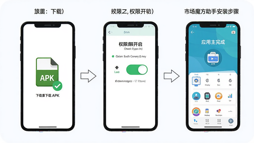 市场魔方助手安装步骤示意图,画面展示手机屏幕从左到右三个步骤,第一步下载APK文件图标,第二步权限开启开关界面,第三步应用主界面加载完成,布局为横向流程图,风格扁平化教程插画,细节包含箭头指引与勾选标记,画质高清,干净无多余元素