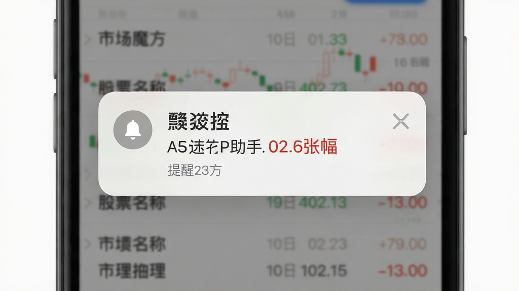 市场魔方助手自选股提醒功能示意图,画面中央为手机通知弹窗,弹窗内显示股票名称与涨跌幅提醒文字,背景为模糊的行情列表页面,布局突出弹窗层次,风格写实UI风格,细节包含铃铛图标与时间戳,画质高清,干净无多余元素