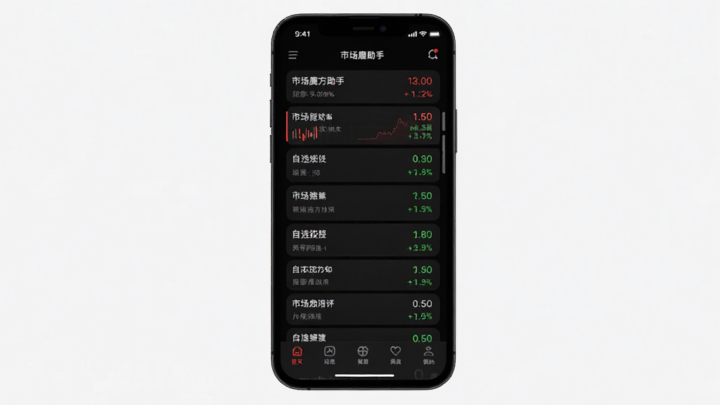 市场魔方助手深色模式界面展示图,画面展示手机屏幕处于深色背景状态,屏幕上显示自选股列表与底部导航栏,布局为常规移动端APP结构,风格暗黑极简,细节包含高亮红色与绿色数字,画质高清,干净无多余元素