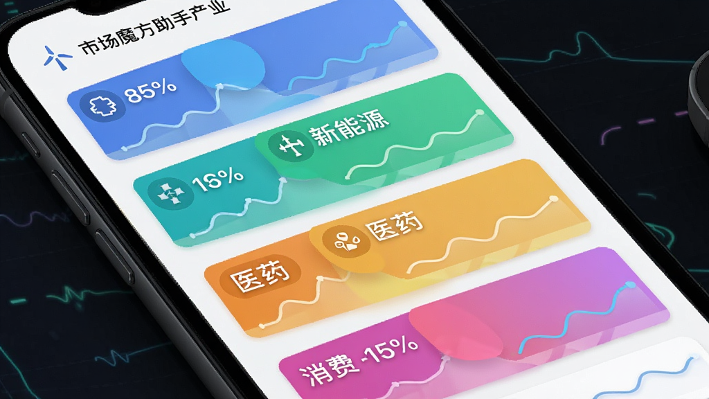 市场魔方助手产业数据追踪界面图,画面展示手机屏幕上排列着科技、新能源、医药、消费等彩色标签卡片,每张卡片下方有迷你趋势线,布局为纵向列表,风格清新简约,细节包含标签图标与百分比数值,画质高清,干净无多余元素