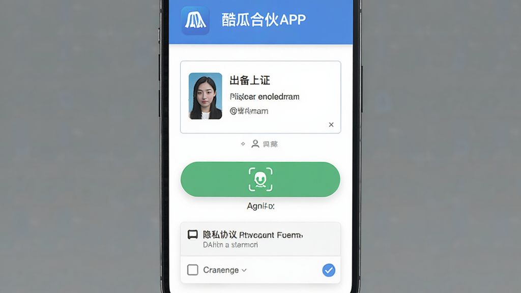 主体是酷瓜合伙APP的实名认证页面,显示身份证上传框、人脸识别按钮与隐私协议勾选框;布局采用上下结构;排版简洁;风格为移动端表单界面;细节包括提示文字、图标、按钮状态;画质高清,干净,无多余元素