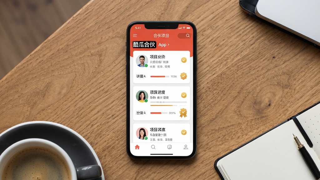 主体是一台智能手机放置在木质桌面上,屏幕显示酷瓜合伙APP的合伙项目列表界面;布局采用居中构图,手机下方散落着咖啡杯与笔记本;排版简洁,顶部留白;风格为现代商务写实摄影;细节包括屏幕内项目卡片、头像、进度条、认证徽章等元素清晰可见;画质高清,干净,无多余元素