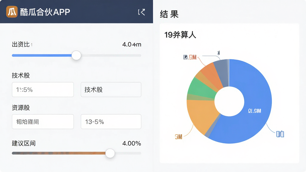 主体是酷瓜合伙APP的股权分配计算器界面,显示滑块、输入框与饼状图;布局采用左右分栏,左侧为参数输入,右侧为结果展示;排版规整;风格为商务工具类UI;细节包括出资比例、技术股、资源股、建议区间;画质高清,干净,无多余元素
