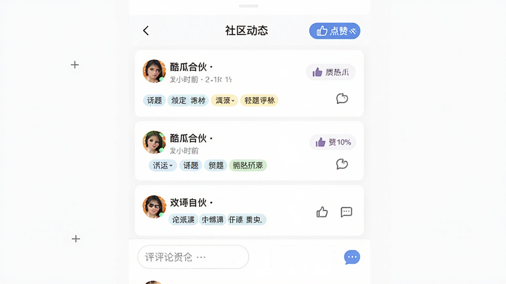 主体是酷瓜合伙APP的社区动态页面,展示帖子列表、点赞按钮与评论输入框;布局采用单列信息流;排版舒适,留白充足;风格为社交应用界面;细节包括用户头像、发布时间、话题标签、互动图标;画质高清,干净,无多余元素