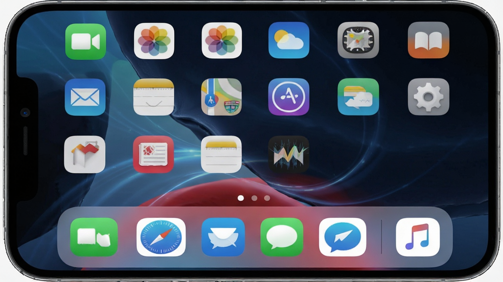 ��׿iOS��������չʾ���ֻ���Ļ�г���iOS������棬Բ��ͼ���������룬�ײ�Dock�������ɼ��������������죬���Ƽ��й�Ч�������������ɾ�����