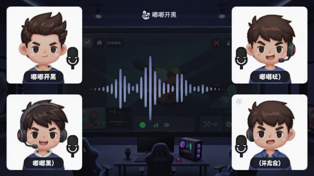 一幅描绘多名玩家通过“嘟嘟开黑”进行语音连麦的场景插画,画面中有四个卡通风格的游戏角色头像分布在屏幕四角,中间是声波可视化图形,每个头像旁有麦克风图标和游戏名称标签,背景为电竞风格的暗色调房间,画质清晰,风格活泼,无多余元素