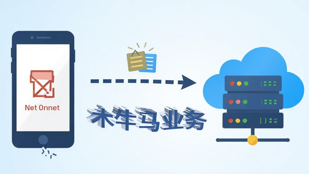 画面左侧为断网的手机图标显示离线状态,右侧为云端服务器图标,中间由一条虚线箭头连接,箭头上方有数据包图标正在传输,背景为浅蓝色渐变,风格扁平化插画,细节清晰,画质明亮干净,图片中央用深蓝色字体标注“木牛马业务”