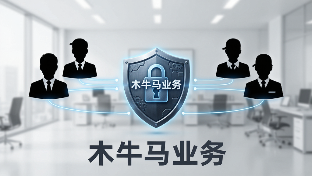 画面展示三组人物剪影分别代表管理员、业务员和仓管员,三组人物通过发光的线条连接至中央的“木牛马业务”数据盾牌图标,盾牌表面有锁形纹理,背景为浅灰色办公环境虚化处理,风格简洁商务,细节锐利,画质清晰无噪点,图片底部用深灰色字体标注“木牛马业务”