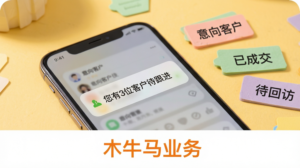 画面展示一部手机屏幕弹出提醒通知,通知内容为“您有3位客户待跟进”,手机旁边散落彩色标签卡片,标签上分别写有“意向客户”“已成交”“待回访”字样,背景为暖黄色调,风格清新柔和,细节细腻,画质干净无杂物,图片下方居中用橙色字体标注“木牛马业务”