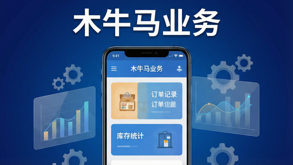 画面中央放置一部安卓智能手机,屏幕显示“木牛马业务”应用主界面,界面包含客户管理、订单记录、库存统计三个功能卡片,背景为深蓝色渐变,手机周围环绕半透明的数据图表与齿轮图标,整体采用扁平化科技风格,细节清晰,画质干净明亮,无多余元素干扰,图片上方居中位置用白色粗体字标注“木牛马业务”字样