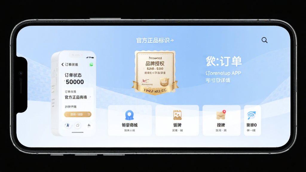 �Һ��̳�APP����������ٷ���Ʒ��ʶҳ�棬�ֻ���Ļ��ʾ����״̬��Ʒ����Ȩ֤��ͼ�꣬����Ϊ����ɫ���䣬����ͻ�������־��У����ٷ�Ȩ����ϸ�����������ʸɾ����޶���Ԫ��