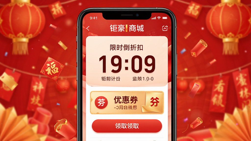 �Һ��̳�APP�����ҳ�棬�ֻ���Ļչʾ��ʱ�ۿ۵���ʱ���Ż�ȯ��ȡ��ť������Ϊϲ���ɫ�����Ű���գ�������ִ�����ϸ�ڷḻ�����ʸɾ����޶���Ԫ��