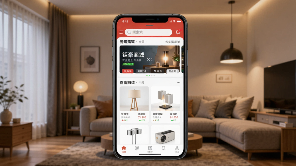 ��������չʾһ�������ֻ�����Ļ����ʾ�Һ��̳�APP��ҳ���棬���������������ֲ�ͼ���в��������еƾ���Ʒ��Ƭ������Ϊ��ܰ�Ҿӿ���������ůɫ�ƹ�ӵ������£����дʵ�ִ���ϸ�����������ʸɾ����޶���Ԫ��