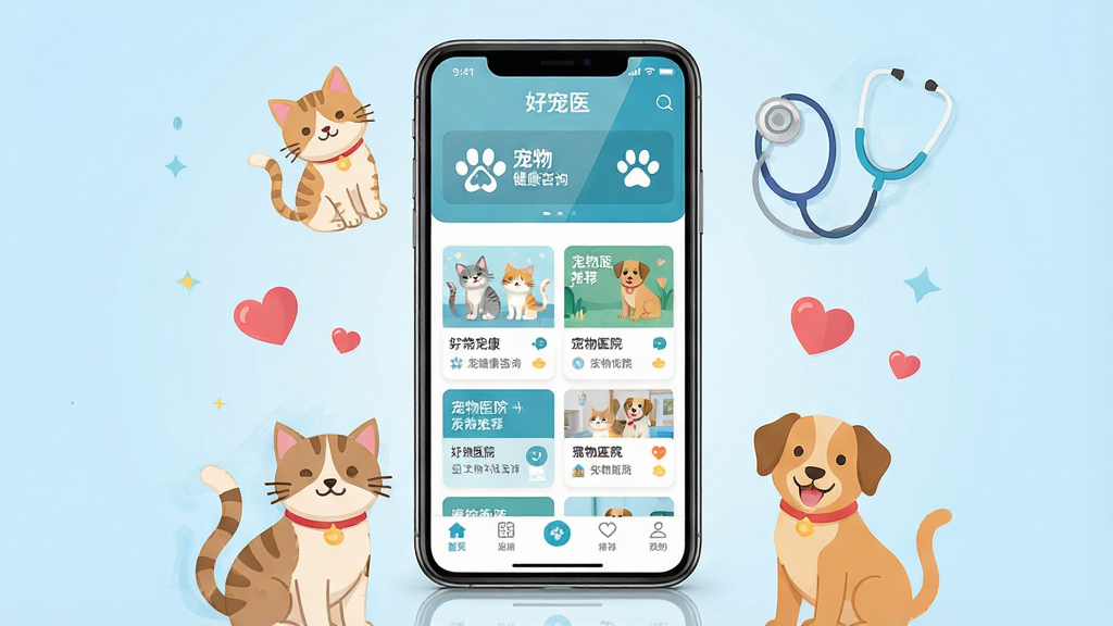 һ��չʾ�ó�ҽ�ֻ�Ӧ��������ĳ���ͼ������������һ�����������ֻ�����Ļ����ʾ�ó�ҽAPP��ҳ���֣������г��｡����ѯ��ںͳ���ҽԺ�Ƽ���Ƭ���ײ������������ɼ����ֻ���Χ�����ſɰ���è����ͨ�廭�������������ĵ�Ԫ�ء����岼�־��У��Ű������죬���Ϊ���±�ƽ����ƣ�ϸ�����ֻ���Ļ����΢����Ч��������Ϊ����ɫ���䡣���ʸ��壬�ɾ����޶���Ԫ�ء�