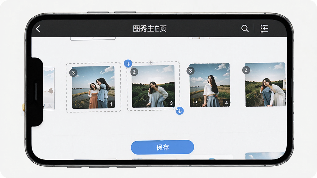 一部手机屏幕显示“图秀主页”的编辑界面,画面中用户正在拖拽照片调整顺序,屏幕上有虚线框和拖拽提示,底部有保存按钮,背景为浅色工作区,风格为工具类应用界面,细节有照片缩略图、排序数字标识、顶部标题栏,画质清晰,干净,无多余元素