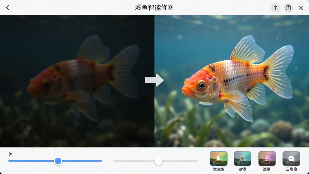 彩鱼智能修图功能界面图,画面左侧展示一张模糊暗淡的原始照片,右侧展示经过彩鱼修复后清晰明亮的对比图,中间用箭头连接,画面底部有调节滑块和滤镜选项,整体布局为左右对比式,风格为简洁实用的功能演示图,细节包括修复前后明显的画质差异和直观的操作控件,画质高清,干净,无多余元素