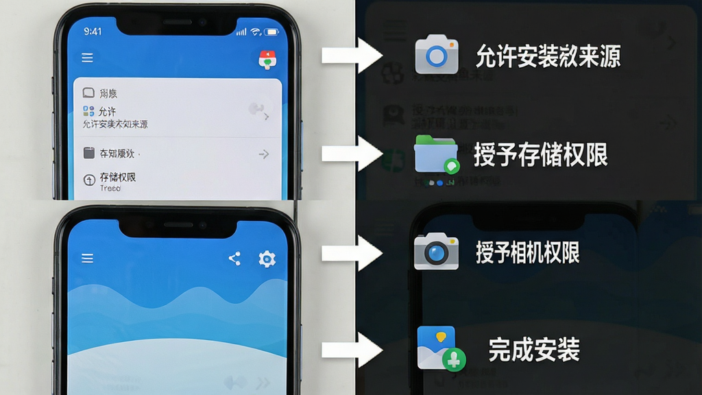 彩鱼安卓版安装与权限设置步骤示意图,画面以手机屏幕截图形式展示四个步骤,依次为“允许安装未知来源”“授予存储权限”“授予相机权限”“完成安装”,每个步骤配有文字说明和箭头指引,整体布局为纵向流程图,风格为清晰直观的操作指南图,细节包括手机UI元素和简洁的图标设计,画质高清,干净,无多余元素