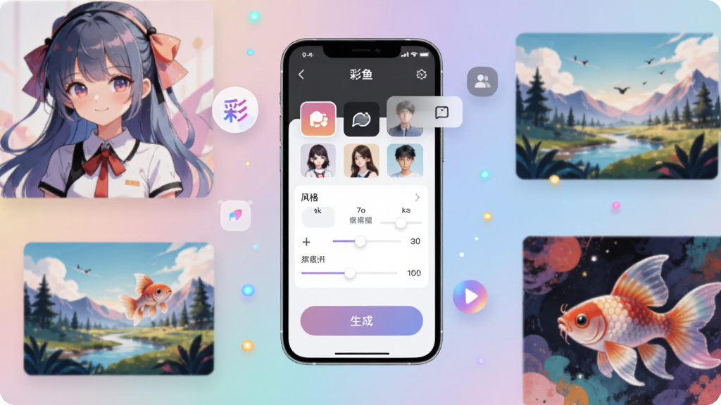 一张展示彩鱼AI绘画软件界面的概念图,画面中央是手机屏幕,屏幕内显示彩鱼应用的创作面板,面板上有风格选择、参数调节和生成按钮,屏幕周围环绕着由彩鱼生成的多幅精美插画作品,包括二次元人物、风景和抽象艺术,整体布局采用居中构图,风格为现代科技感与艺术感结合,细节包括柔和的渐变背景、悬浮的UI元素和发光的色彩粒子,画质高清,干净,无多余元素