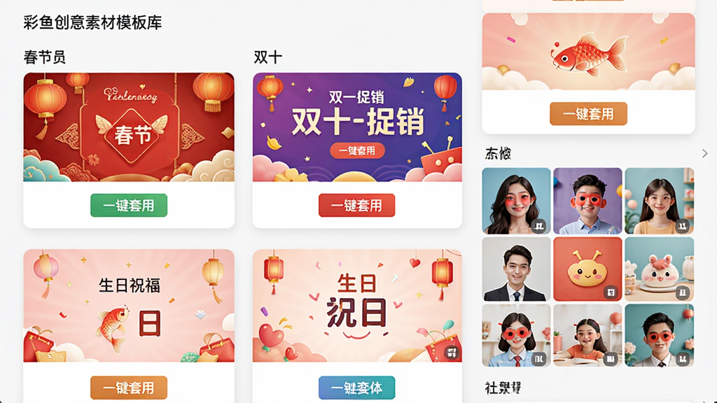 彩鱼创意素材模板库界面图,画面以卡片流形式展示多个模板缩略图,包括春节贺卡、双十一促销海报、生日祝福图、社交媒体九宫格等,每个卡片上有“一键套用”按钮,整体布局为瀑布流式,风格为活泼明快的电商风格,细节包括丰富的色彩搭配和清晰的分类标签,画质高清,干净,无多余元素