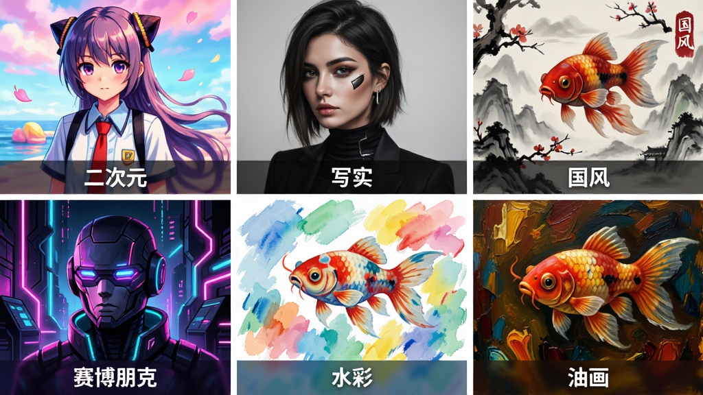 彩鱼软件多风格AI绘画功能展示图,画面以网格形式排列六幅不同风格的彩鱼生成作品,分别标注“二次元”“写实”“国风”“赛博朋克”“水彩”“油画”,每幅作品下方有对应的风格标签,整体布局整齐划一,风格为清爽直观的功能展示图,细节包括每幅作品的精致笔触和鲜明色彩对比,画质高清,干净,无多余元素