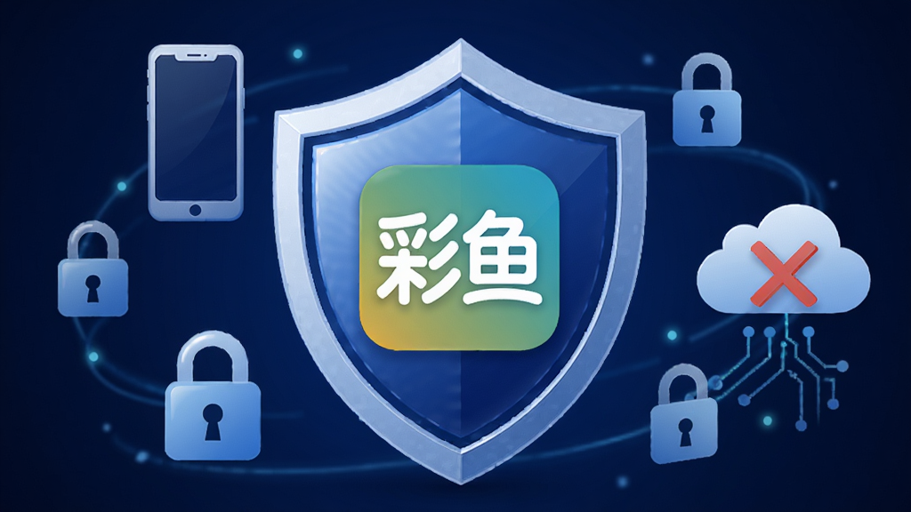 彩鱼离线模式与隐私保护概念图,画面中央是一个盾牌图标,盾牌内显示彩鱼logo,盾牌周围环绕着手机、锁、云朵打叉等元素,背景为深蓝色科技感渐变,整体布局为居中环绕式,风格为安全可靠的科技插画,细节包括盾牌上的光泽质感和周围元素的简洁线条,画质高清,干净,无多余元素