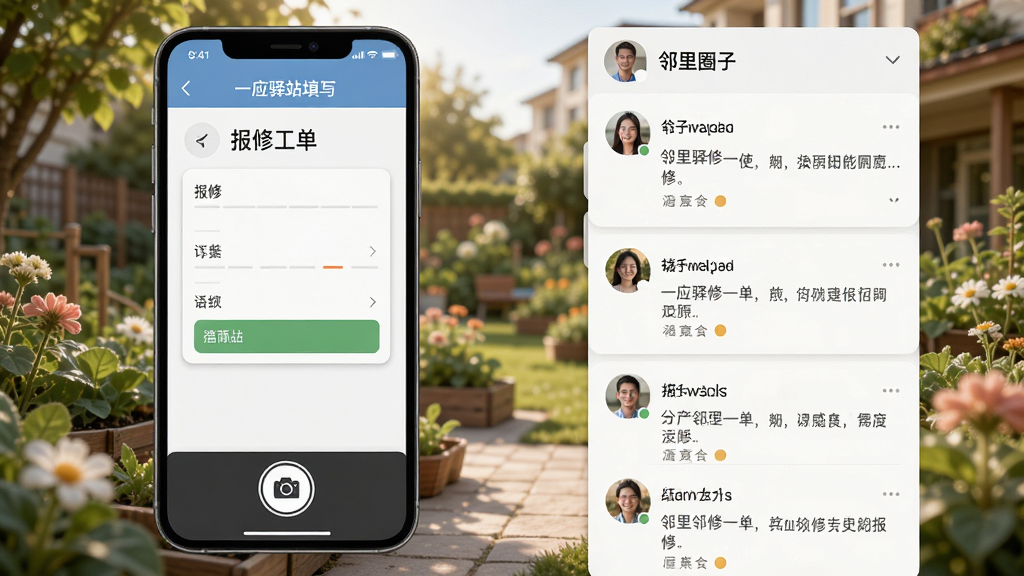 一应驿站邻里互动与报事报修功能界面,画面展示手机屏幕左侧为报修工单填写页面,右侧为邻里圈子动态列表,屏幕下方有拍照上传按钮,背景为温馨的社区花园场景,布局采用左右分栏排版,风格为清新写实风,细节上界面元素带有轻微阴影层次,画质为高清,干净无多余元素