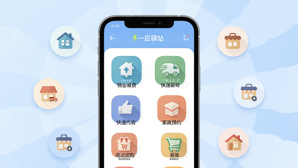 一应驿站全域生活服务聚合界面,画面中央展示手机屏幕内排列整齐的服务图标,包括物业缴费、快递代收、家政预约、周边团购等,屏幕周围悬浮着代表不同服务的简约小图标,背景为柔和的浅蓝色渐变,布局采用中心放射状排版,风格为扁平化插画风,细节上图标线条圆润统一,画质为矢量级清晰,干净无多余元素