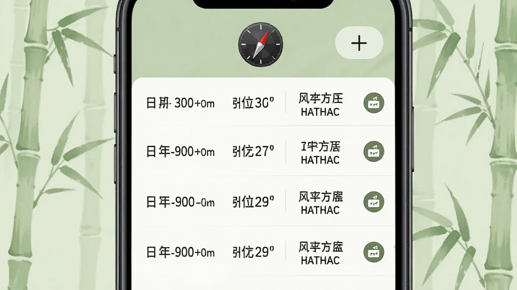 风水电子罗盘坐向测量记录界面图,画面中手机屏幕显示一条条测量记录列表,每条记录包含日期、方位度数与二十四山名称,右侧有备注图标。屏幕上方有罗盘小图标与添加按钮,背景为淡雅的竹青色,整体风格清新简洁,画质清晰,无多余装饰。