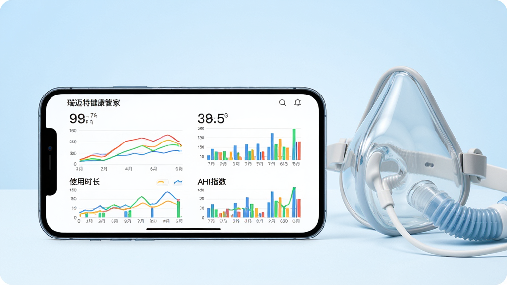 瑞迈特健康管家App的数据统计页面截图风格图片,画面中一部手机横屏展示,屏幕上呈现着彩色折线图和柱状图,图表标题标注着使用时长和AHI指数,手机旁边放置着一个呼吸机面罩,背景为淡蓝色渐变,整体排版清晰,风格现代简约,画质高清,干净无多余元素