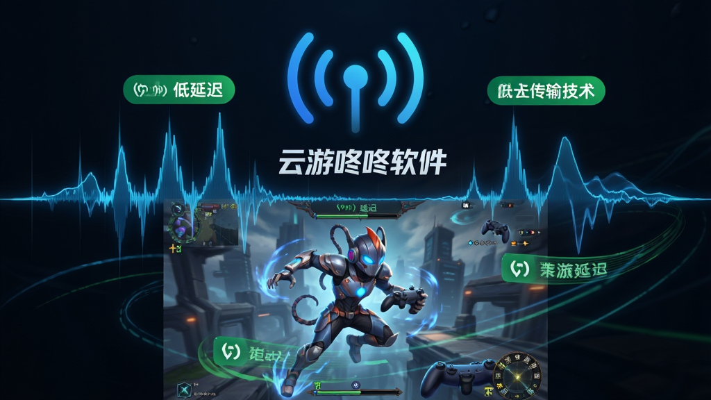 一张展示云游咚咚低延迟传输技术的图片,主体为网络信号波形图与游戏画面叠加,布局为上下结构,上方是网络信号图标、下方是游戏角色动作画面,排版居中对称,风格为动感科技风,细节包括绿色低延迟标识、云游咚咚软件名称、流畅的线条元素,画质清晰、干净、无多余元素