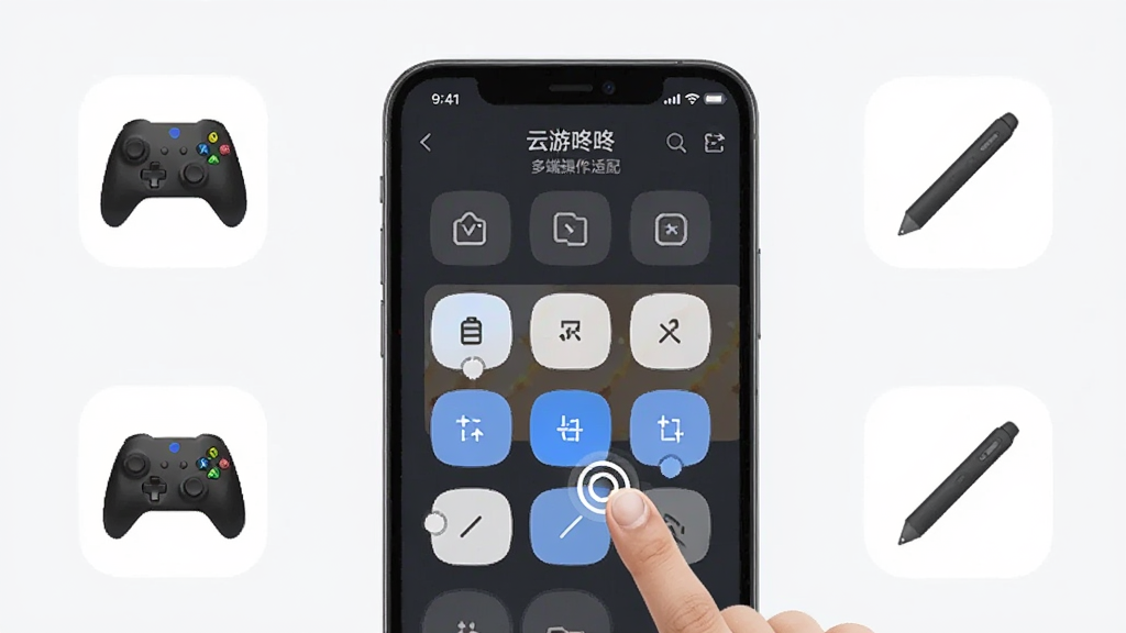 一张展示云游咚咚多端操作适配的图片,主体为手机屏幕上显示自定义虚拟按键布局界面,布局为手机特写居中,周围有手柄、触控笔等配件图标,排版简洁明了,风格为产品展示风,细节包括可拖拽的按键图标、云游咚咚设置界面文字、手指触控示意,画质清晰、干净、无多余元素