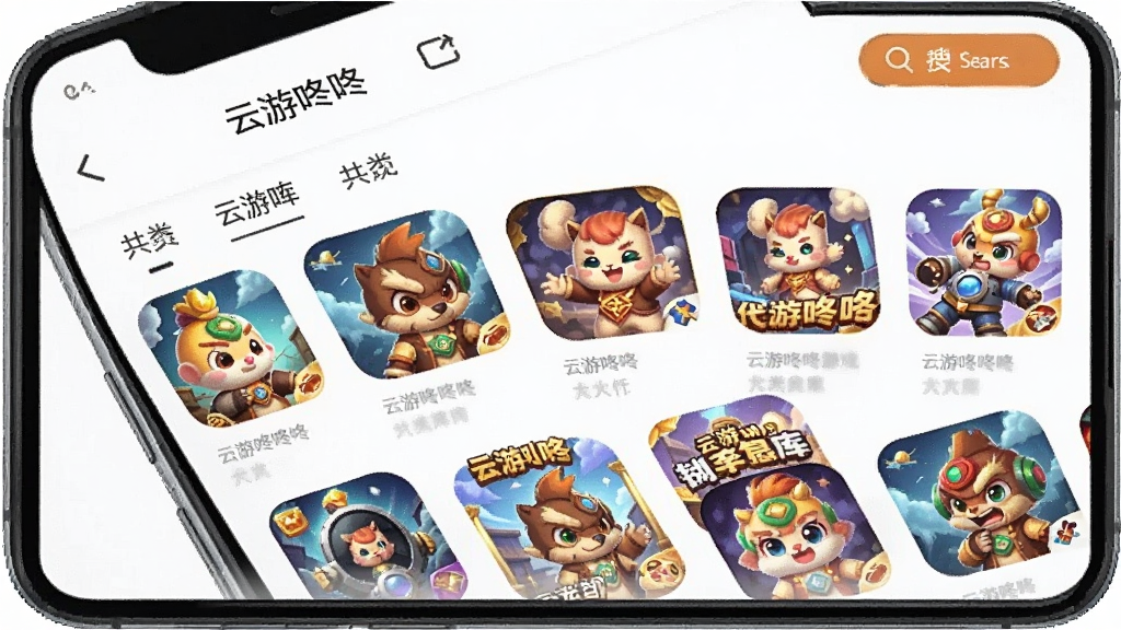 一张展示云游咚咚游戏库界面的图片,主体为手机屏幕上排列着多款游戏封面图标,布局为网格状陈列,排版整齐有序,风格为应用商店展示风,细节包括丰富的游戏封面、云游咚咚顶部导航栏、分类标签、搜索按钮,画质清晰、干净、无多余元素