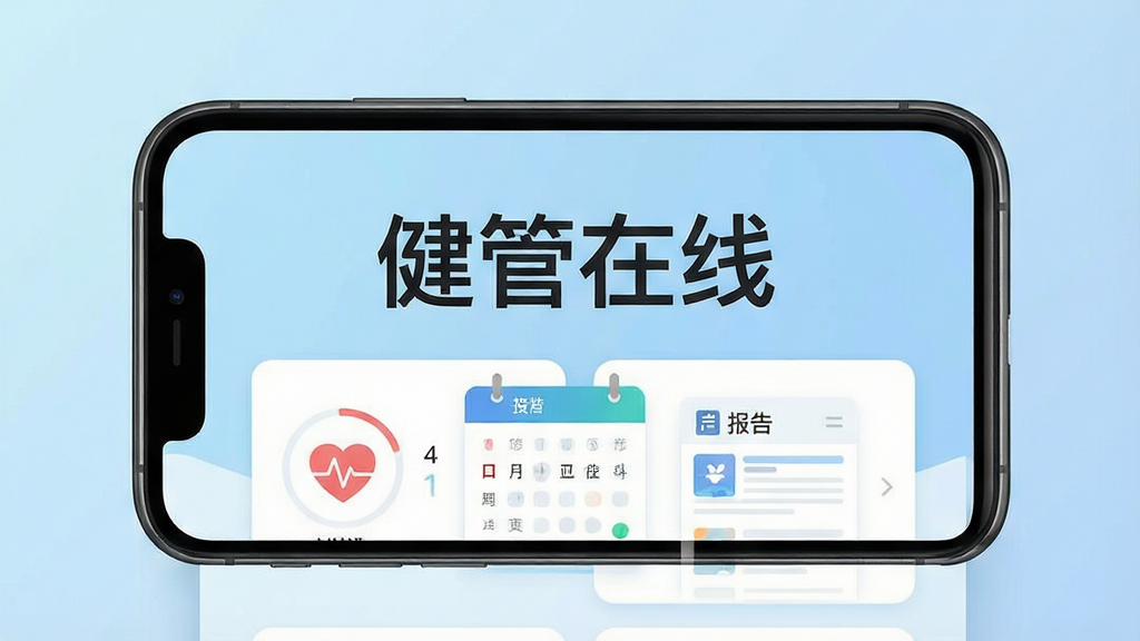 一张手机屏幕展示健康管理应用主界面的画面,画面中央是手机,屏幕内显示“健管在线”四个大字和健康数据卡片,背景为浅蓝色渐变,布局简洁居中,风格为扁平化科技风,细节包括心率图标、日历标签、报告单缩略图,画质清晰,干净,无多余元素