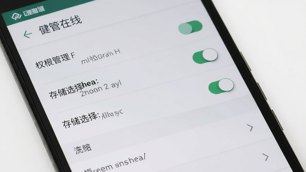 一部安卓手机屏幕显示“健管在线”应用设置页面,画面中有权限管理开关列表和存储选择选项,背景为浅灰色,布局为设置列表垂直排列,风格为扁平化系统设置风格,细节包括开关按钮、箭头图标、文字标签,画质清晰,干净,无多余元素