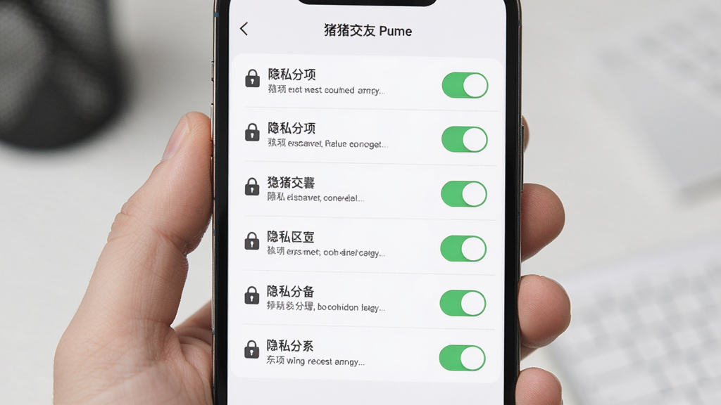 猪猪交友隐私设置页面,主体是手机屏幕展示隐私选项开关列表,布局为垂直列表,排版清晰,风格为简约商务风,细节包括开关按钮、锁形图标、说明文字,画质高清,干净,无多余元素