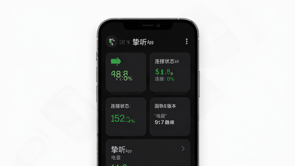 主体是一部智能手机特写,屏幕显示挚听App的设备管理页面,页面上有电量百分比、连接状态、固件版本等信息卡片,布局为手机屏幕占满画面、内容居中,排版整洁有序,风格为极简科技风,细节包括电池图标为绿色、卡片有轻微阴影、背景为深色模式,画质高清、干净、无多余元素