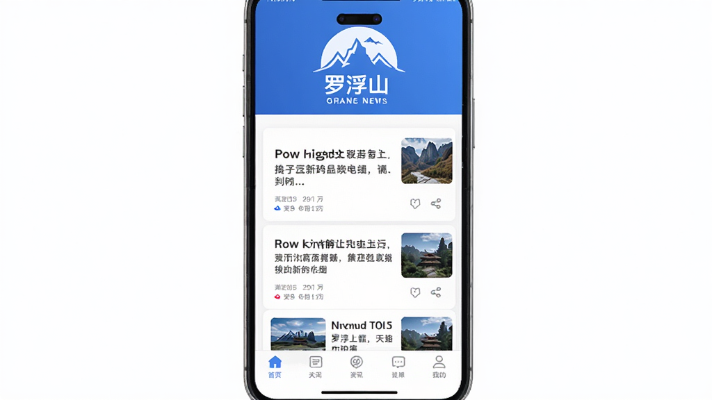 手机屏幕中展示一款名为罗浮新闻的资讯客户端首页界面,页面顶部有罗浮山轮廓图标,中部为新闻卡片列表,下方有底部导航栏,整体配色以蓝白为主,干净简洁,高清画质,无多余元素