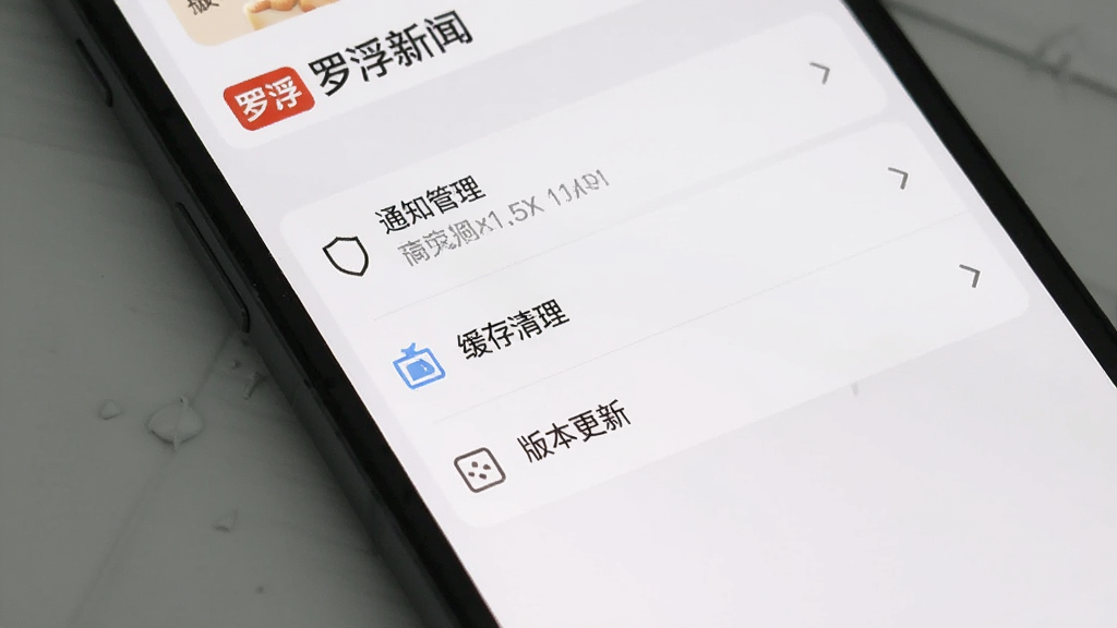 手机屏幕上显示罗浮新闻APP的设置界面,包含通知管理、缓存清理、版本更新等选项,界面干净整洁,风格简约,画质清晰,无多余元素