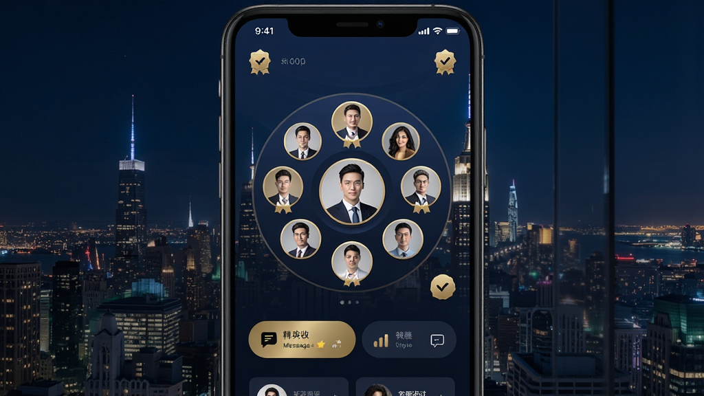 一部智能手机屏幕中展示着塔尖圈层应用的主界面,界面以深蓝色与金色为主色调,中央有圆形精英用户头像墙环绕排列,背景是城市天际线夜景,画面构图居中对称,风格高端商务简约,细节包括认证徽章、消息气泡与动态卡片,画质超清,干净无多余元素