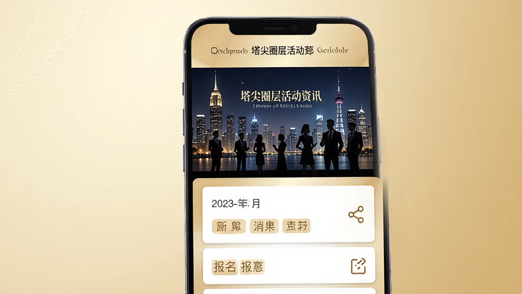 塔尖圈层活动资讯页面,手机屏幕中展示活动海报与资讯列表,海报上有城市夜景与精英人群剪影,资讯卡片带有日期与标签,背景为浅金色渐变,风格精致优雅,细节有报名按钮与分享图标,画质超清,干净无多余元素